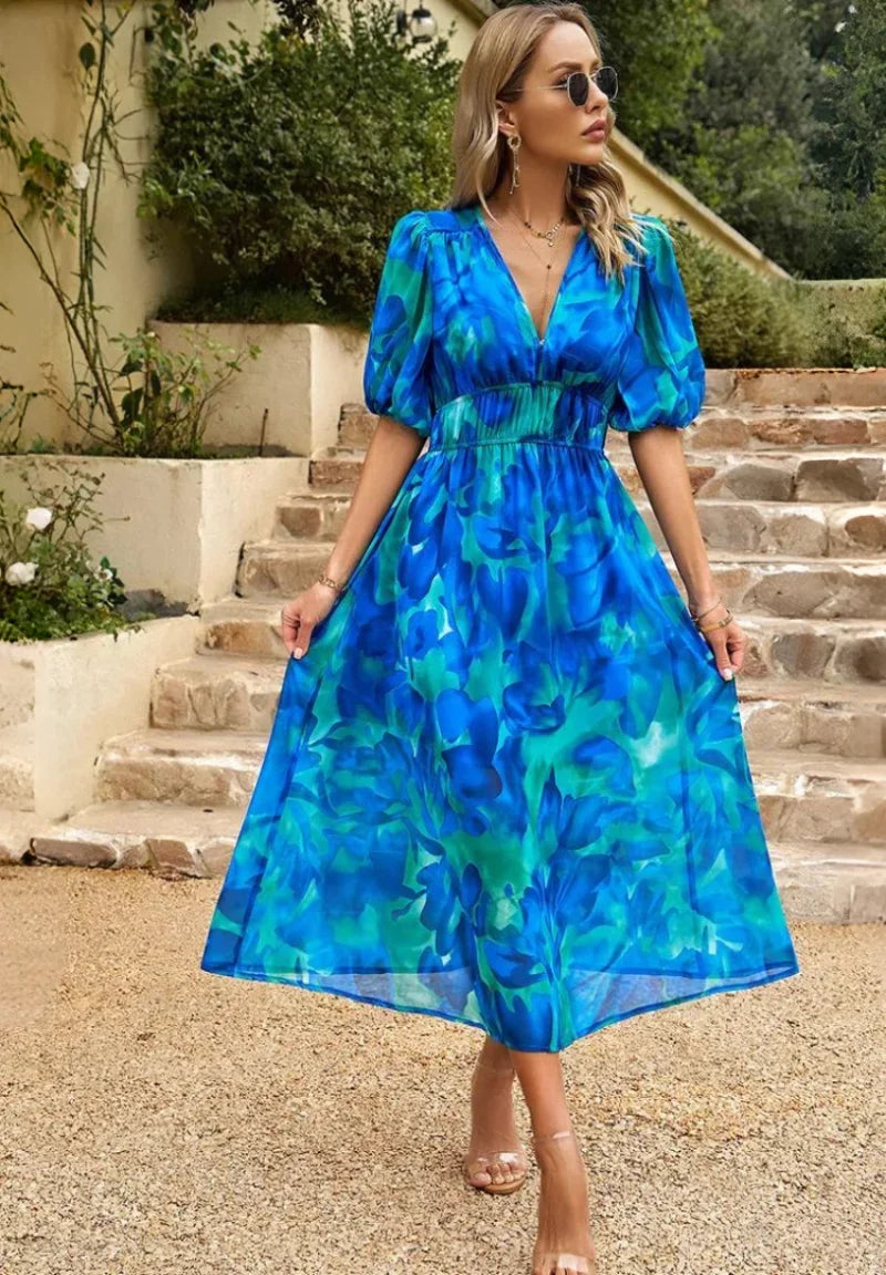 Floral V-Neck Puff Sleeve Midi Dress – Shirred Waist Summer Dress