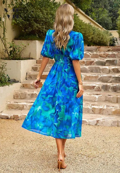 Floral V-Neck Puff Sleeve Midi Dress – Shirred Waist Summer Dress