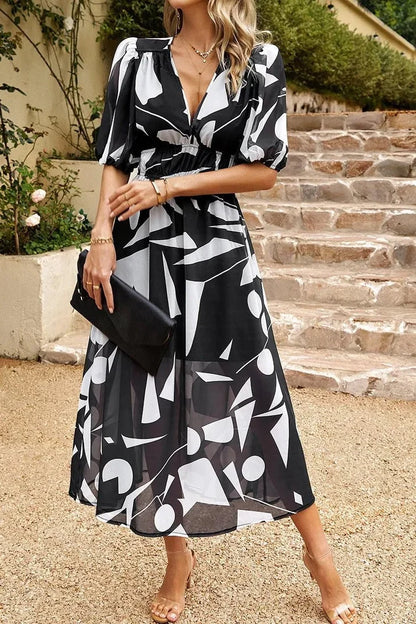 Women's Wedding Guest Dress | Midi Floral V-Neck Puff Sleeve