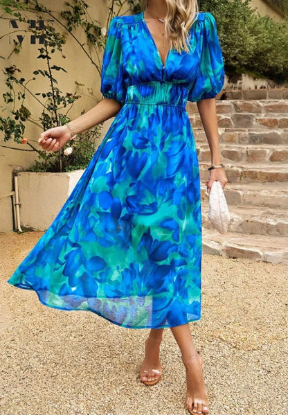 Floral V-Neck Puff Sleeve Midi Dress – Shirred Waist Summer Dress