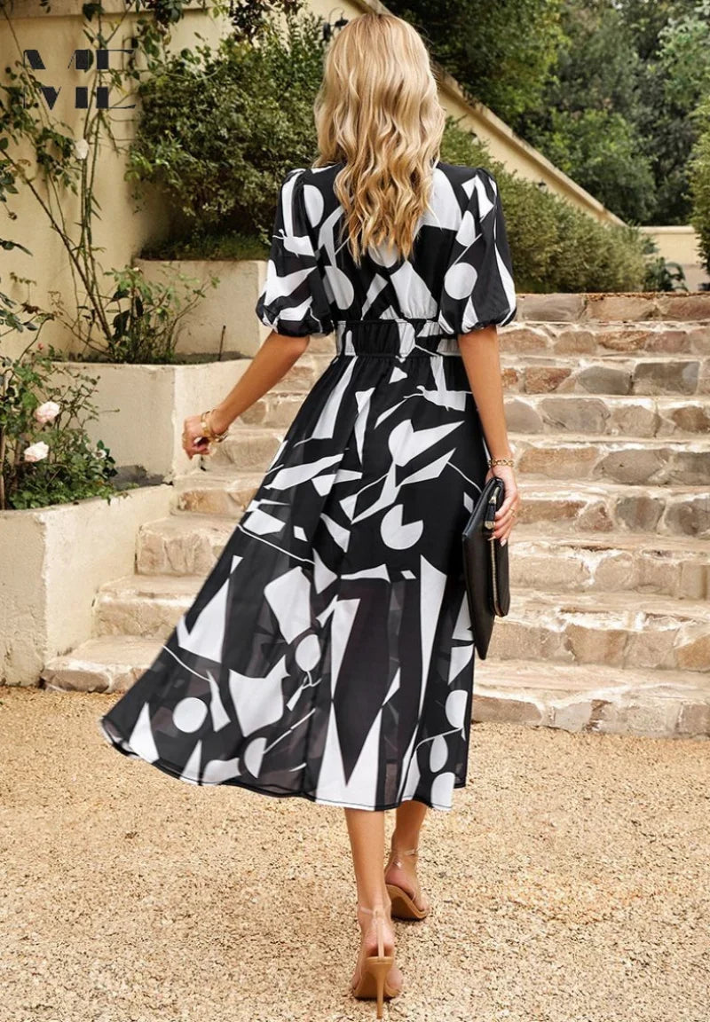 Floral V-Neck Puff Sleeve Midi Dress – Shirred Waist Summer Dress