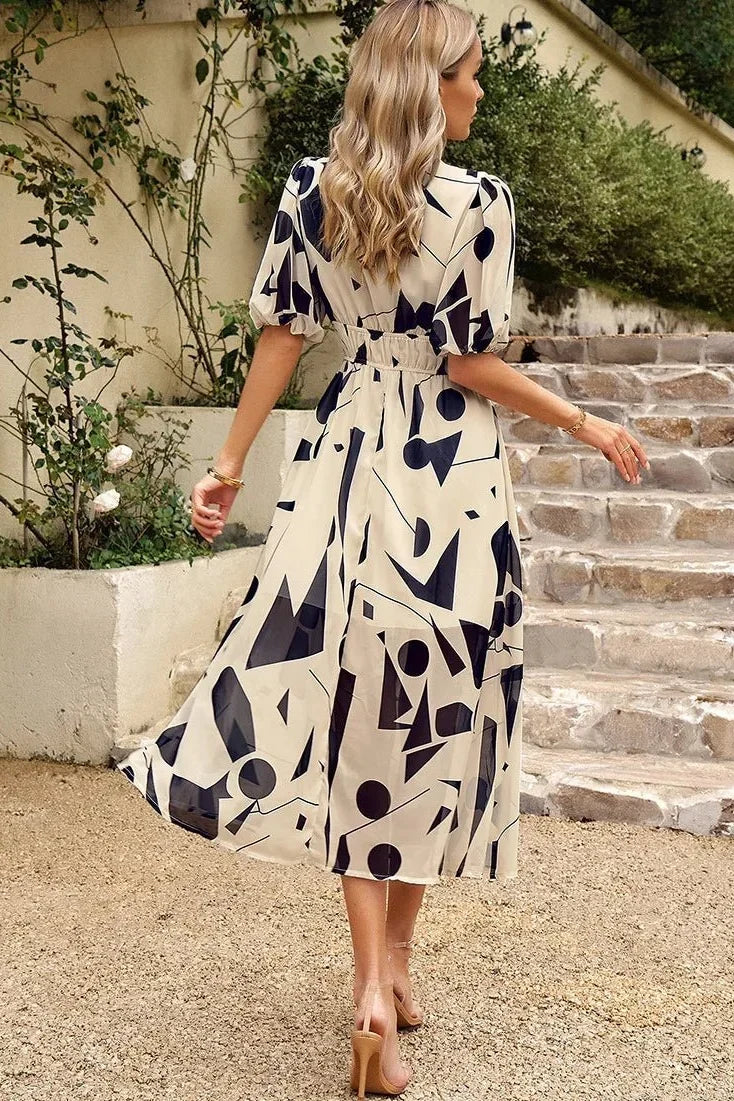 Women's Wedding Guest Dress | Midi Floral V-Neck Puff Sleeve