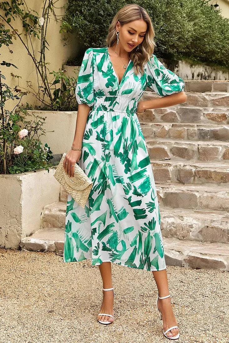 Women's Wedding Guest Dress | Midi Floral V-Neck Puff Sleeve