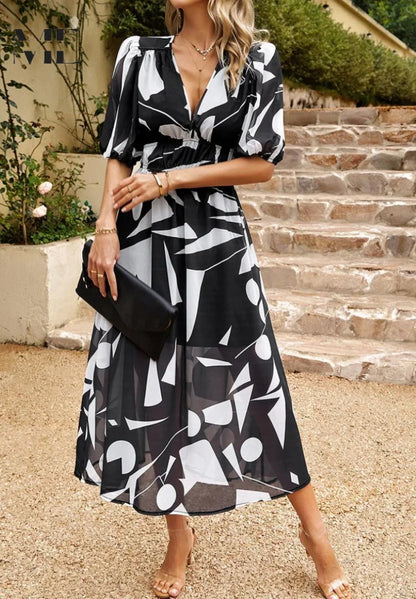 Floral V-Neck Puff Sleeve Midi Dress – Shirred Waist Summer Dress