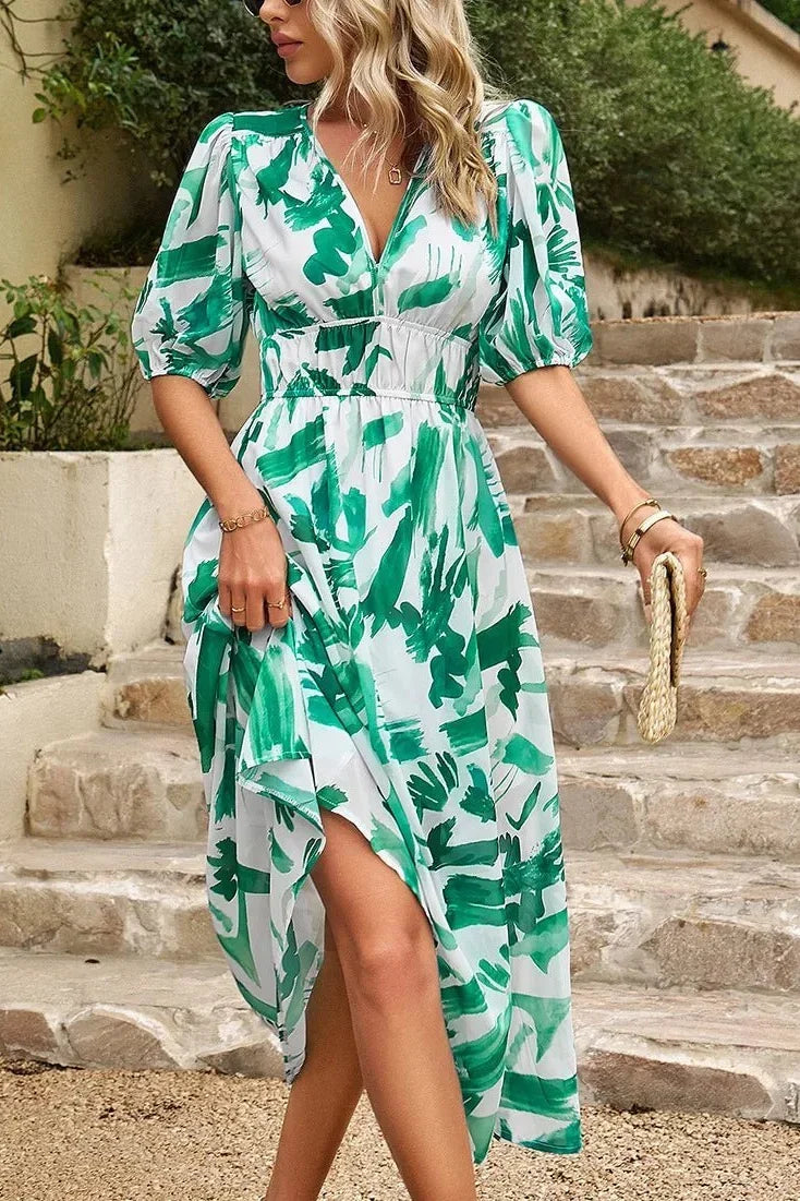 Women's Wedding Guest Dress | Midi Floral V-Neck Puff Sleeve