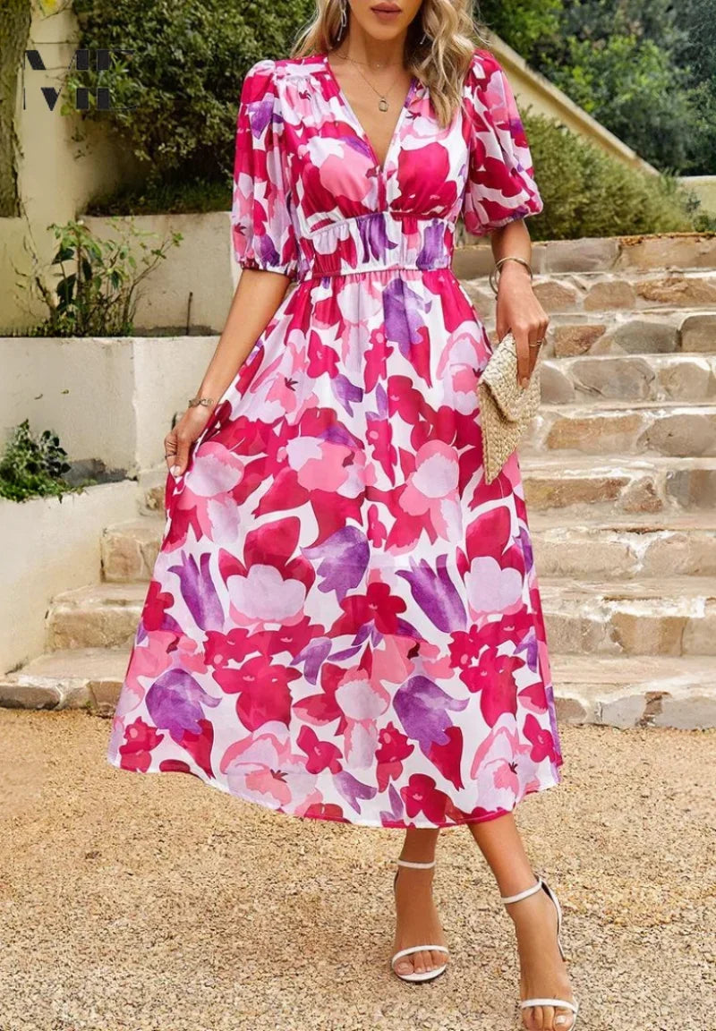 Floral V-Neck Puff Sleeve Midi Dress – Shirred Waist Summer Dress