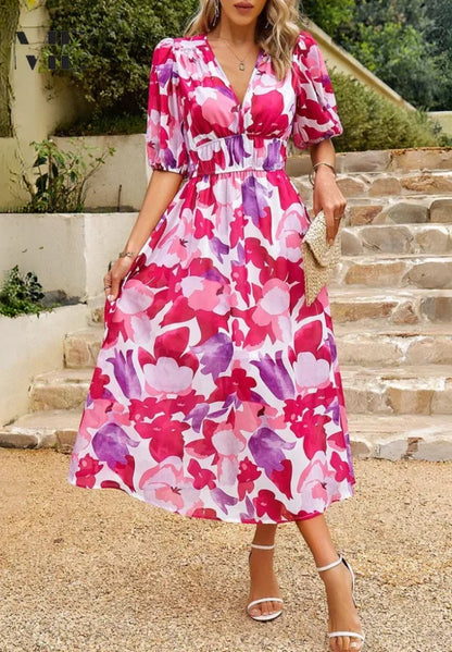 Floral V-Neck Puff Sleeve Midi Dress – Shirred Waist Summer Dress