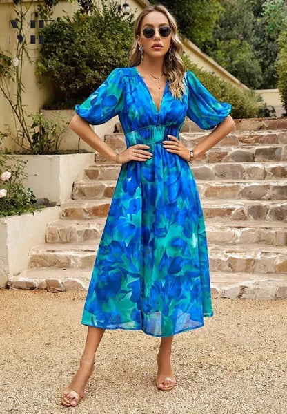 Floral V-Neck Puff Sleeve Midi Dress – Shirred Waist Summer Dress