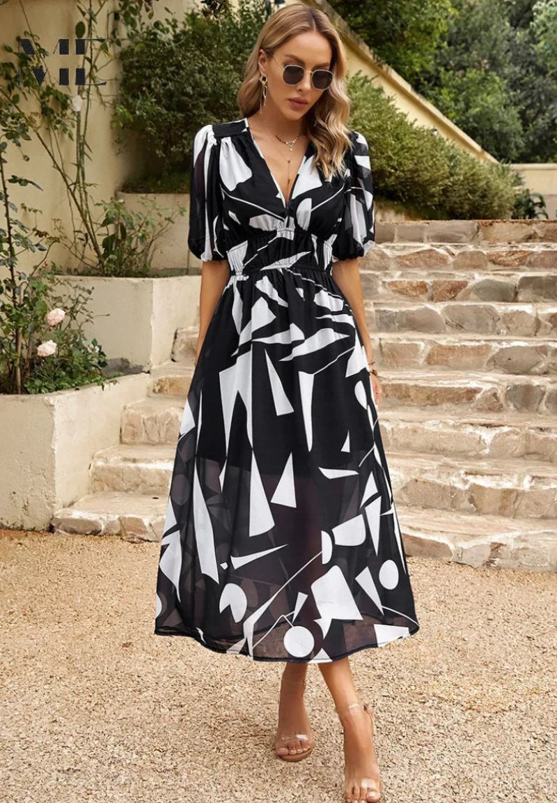 Floral V-Neck Puff Sleeve Midi Dress – Shirred Waist Summer Dress