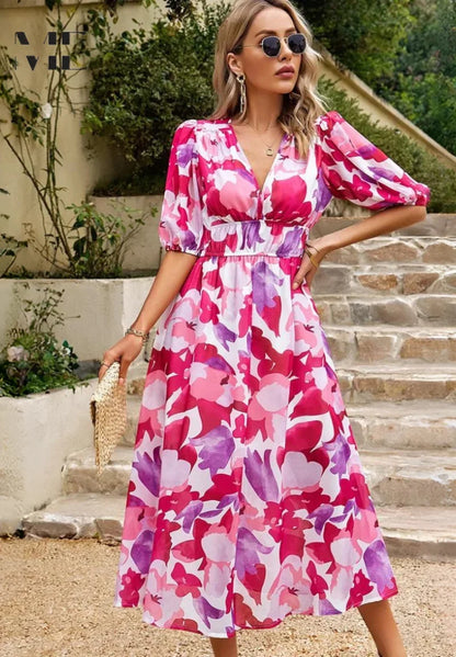 Floral V-Neck Puff Sleeve Midi Dress – Shirred Waist Summer Dress
