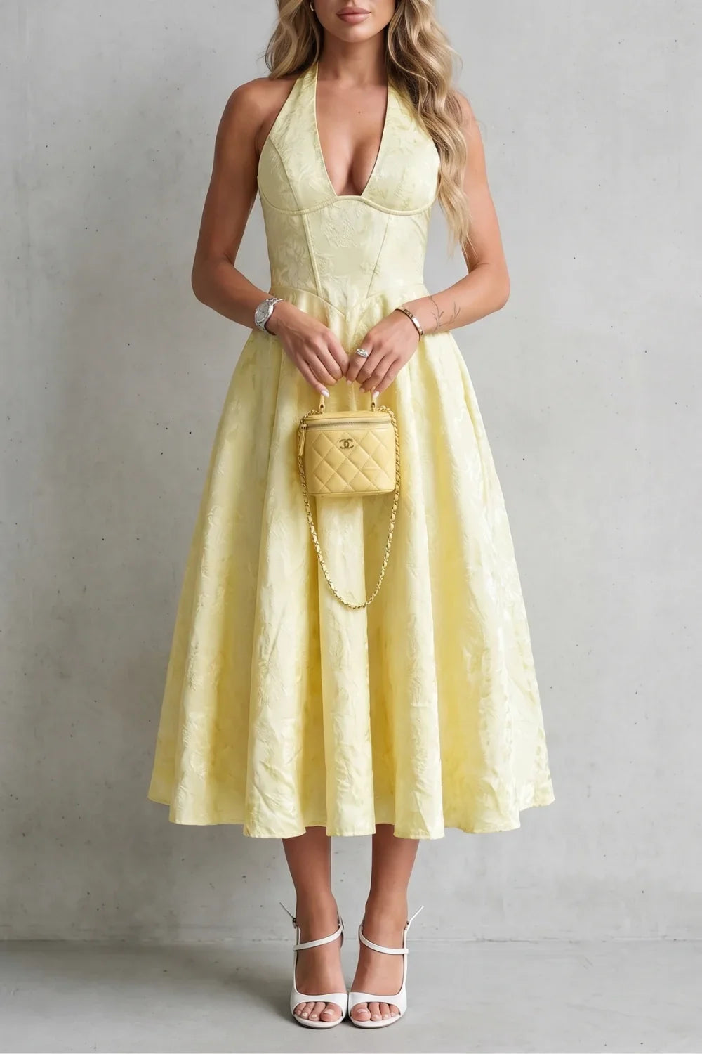 Floral Jacquard Halter Neck Midi Dress – Lace-Up Back Wedding Guest Dress
