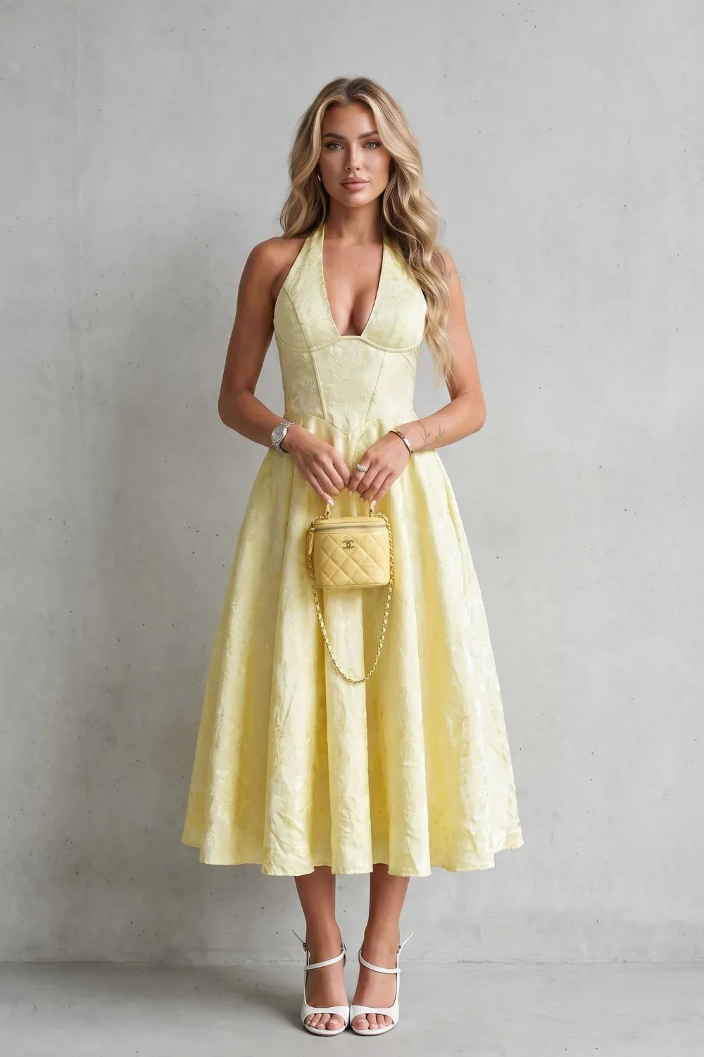 Floral Jacquard Halter Neck Midi Dress – Lace-Up Back Wedding Guest Dress