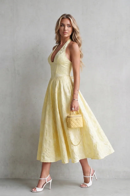 Floral Jacquard Halter Neck Midi Dress – Lace-Up Back Wedding Guest Dress