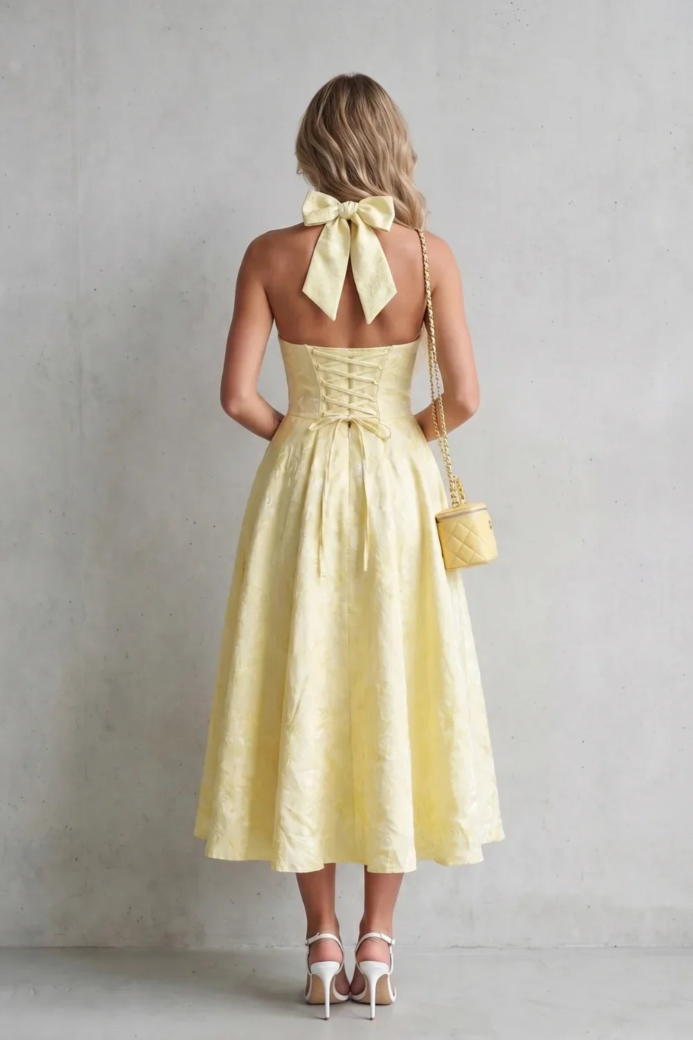 Floral Jacquard Halter Neck Midi Dress – Lace-Up Back Wedding Guest Dress