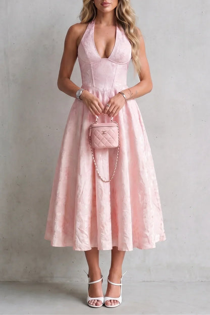 Floral Jacquard Halter Neck Midi Dress – Lace-Up Back Wedding Guest Dress