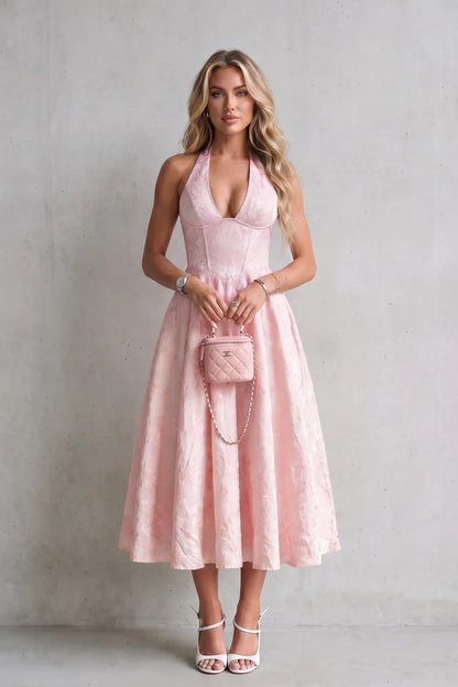 Floral Jacquard Halter Neck Midi Dress – Lace-Up Back Wedding Guest Dress