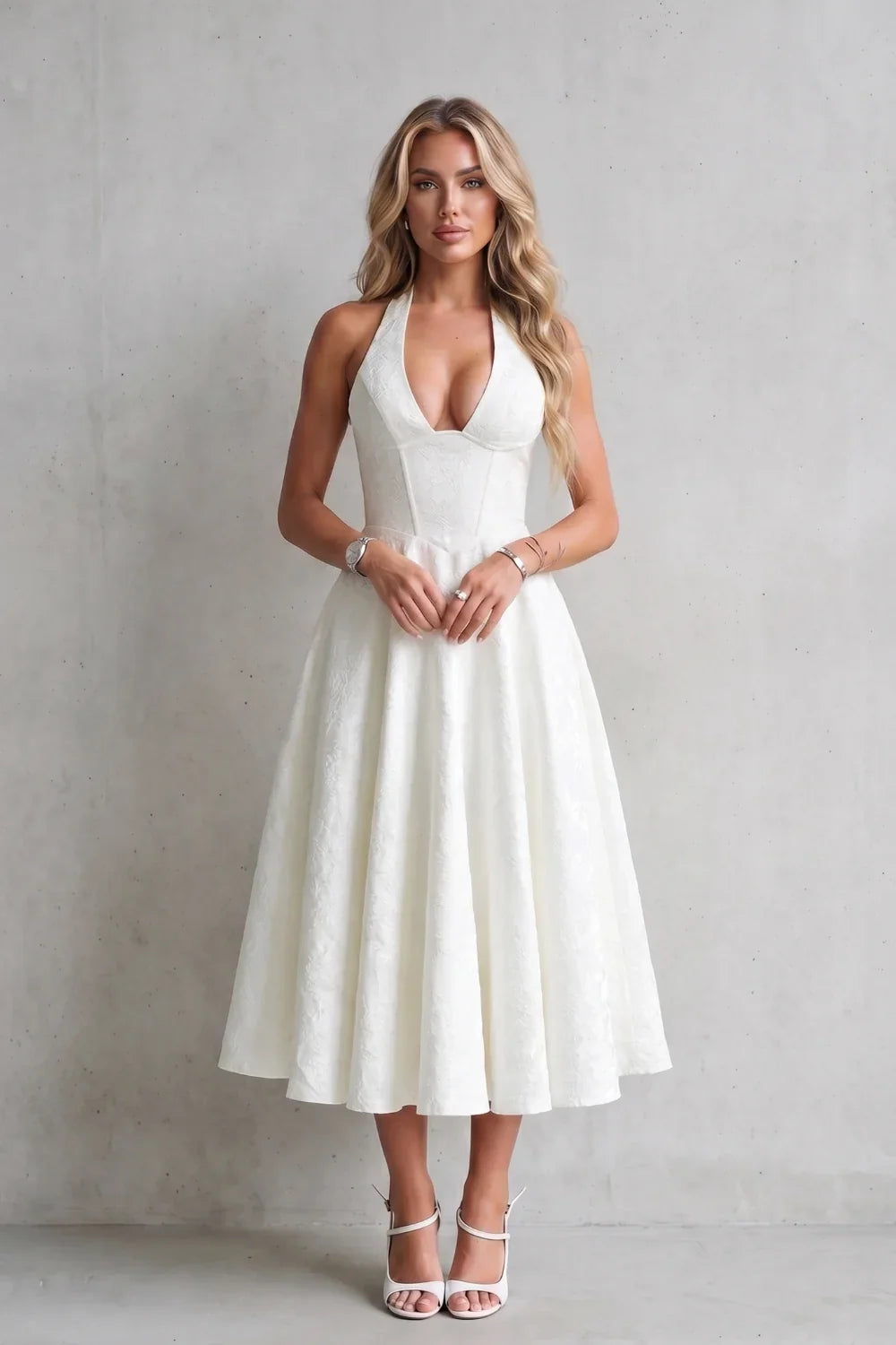 Floral Jacquard Halter Neck Midi Dress – Lace-Up Back Wedding Guest Dress