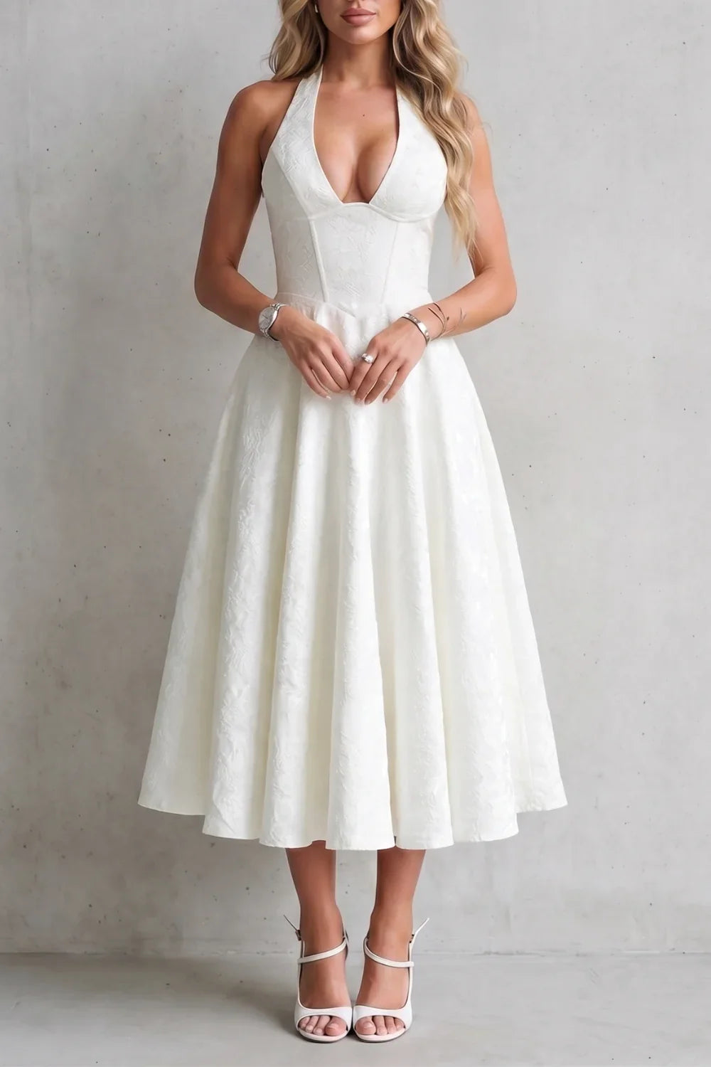Floral Jacquard Halter Neck Midi Dress – Lace-Up Back Wedding Guest Dress