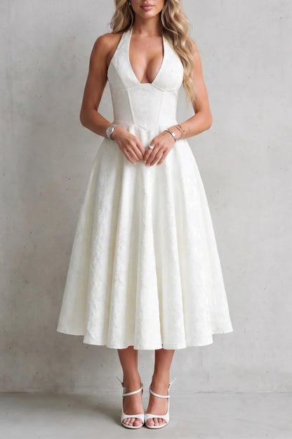 Floral Jacquard Halter Neck Midi Dress – Lace-Up Back Wedding Guest Dress