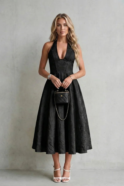 Floral Jacquard Halter Neck Midi Dress – Lace-Up Back Wedding Guest Dress