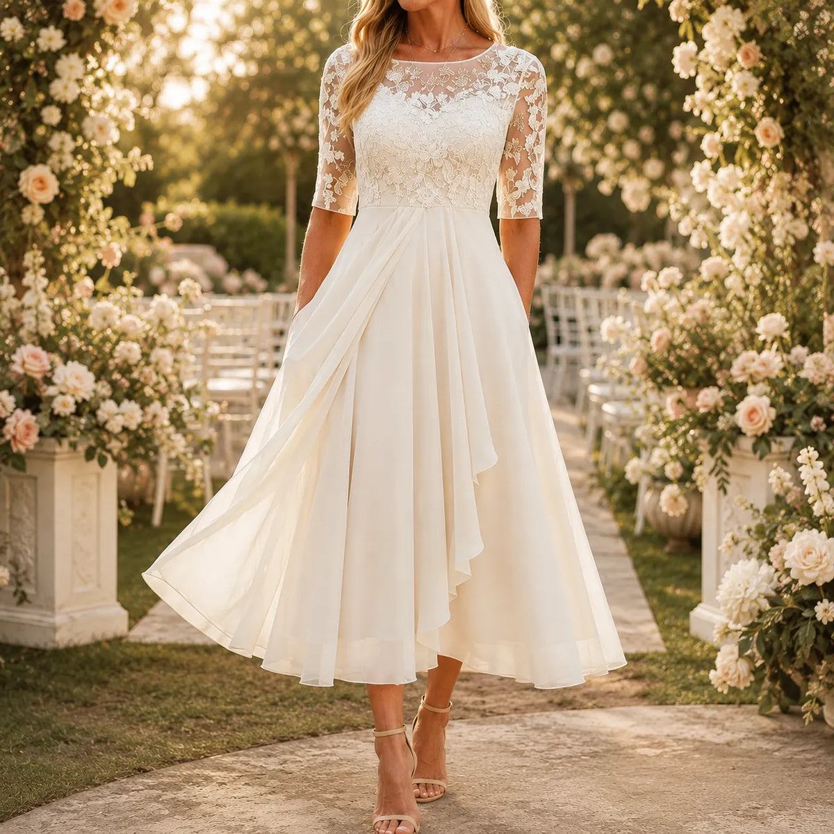Women's Wedding Guest Dress | Midi Lace Embroidered
