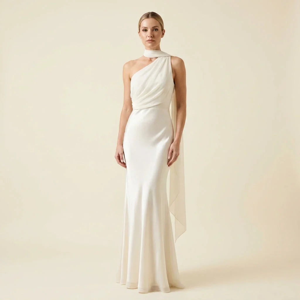 One Shoulder Mermaid Midi Dress with Chiffon Cape Drape