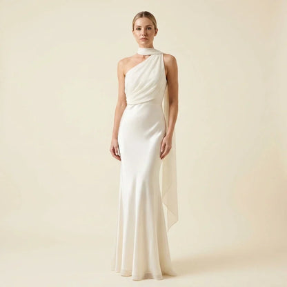 One Shoulder Mermaid Midi Dress with Chiffon Cape Drape