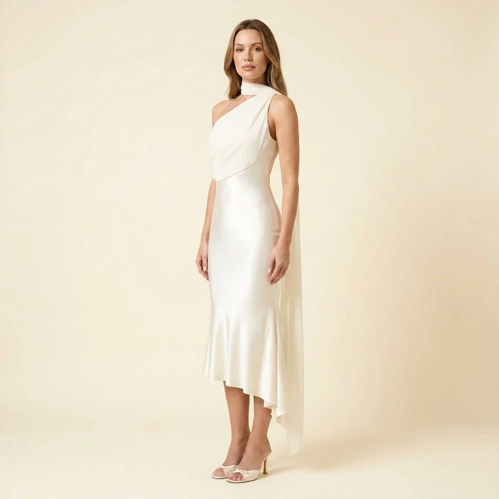 One Shoulder Mermaid Midi Dress with Chiffon Cape Drape
