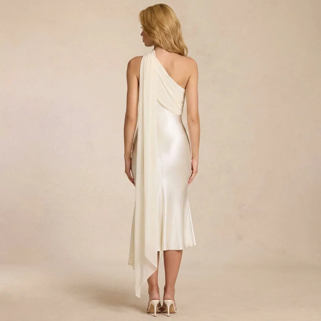 One Shoulder Mermaid Midi Dress with Chiffon Cape Drape