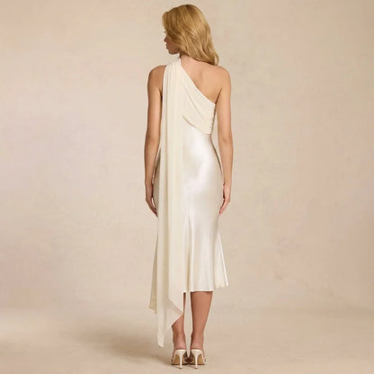 One Shoulder Mermaid Midi Dress with Chiffon Cape Drape