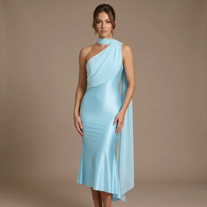 One Shoulder Mermaid Midi Dress with Chiffon Cape Drape