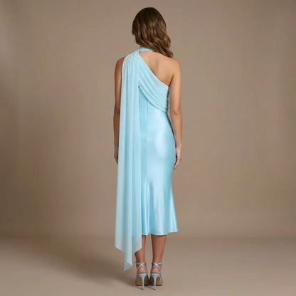One Shoulder Mermaid Midi Dress with Chiffon Cape Drape