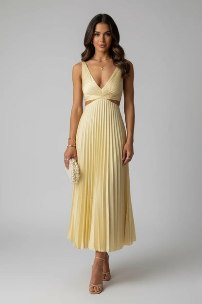 Plunge V-Neck Pleated Midi Dress with Cutout Waist – Wedding Guest