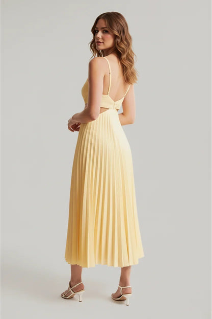 Plunge V-Neck Pleated Midi Dress with Cutout Waist – Wedding Guest