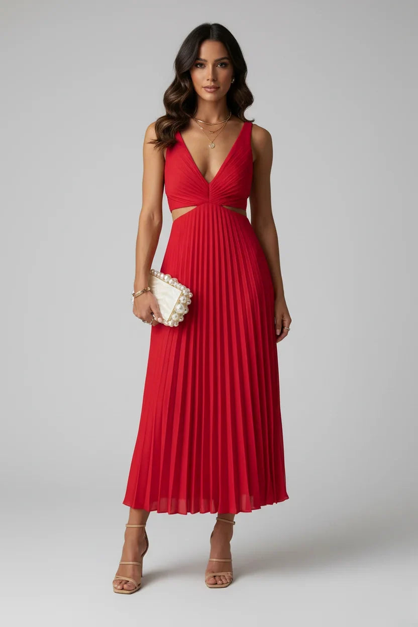 Plunge V-Neck Pleated Midi Dress with Cutout Waist – Wedding Guest
