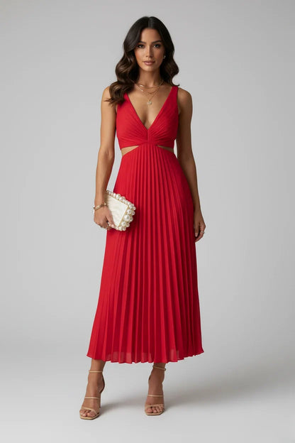 Plunge V-Neck Pleated Midi Dress with Cutout Waist – Wedding Guest