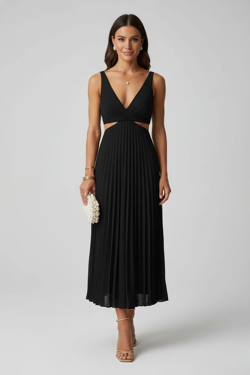 Plunge V-Neck Pleated Midi Dress with Cutout Waist – Wedding Guest