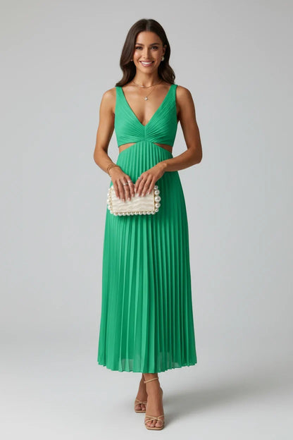 Plunge V-Neck Pleated Midi Dress with Cutout Waist – Wedding Guest