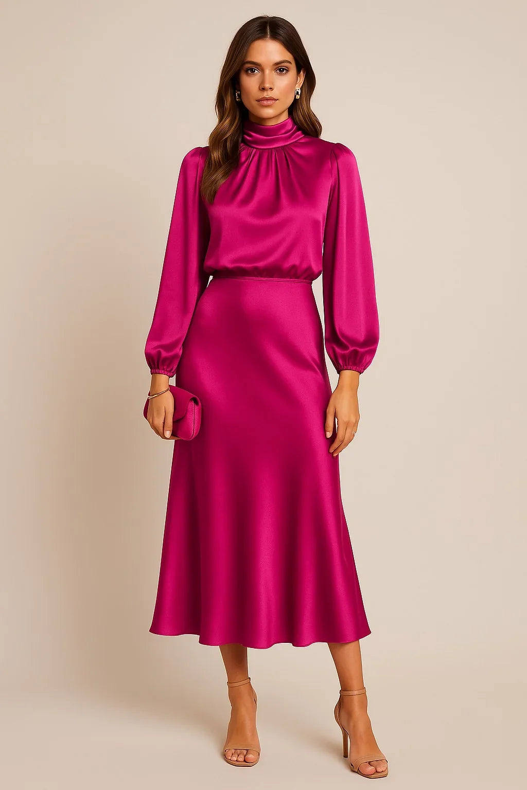 Satin High Neck Midi Dress – Long Balloon Sleeve Wedding Guest
