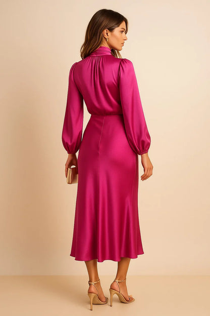 Satin High Neck Midi Dress – Long Balloon Sleeve Wedding Guest