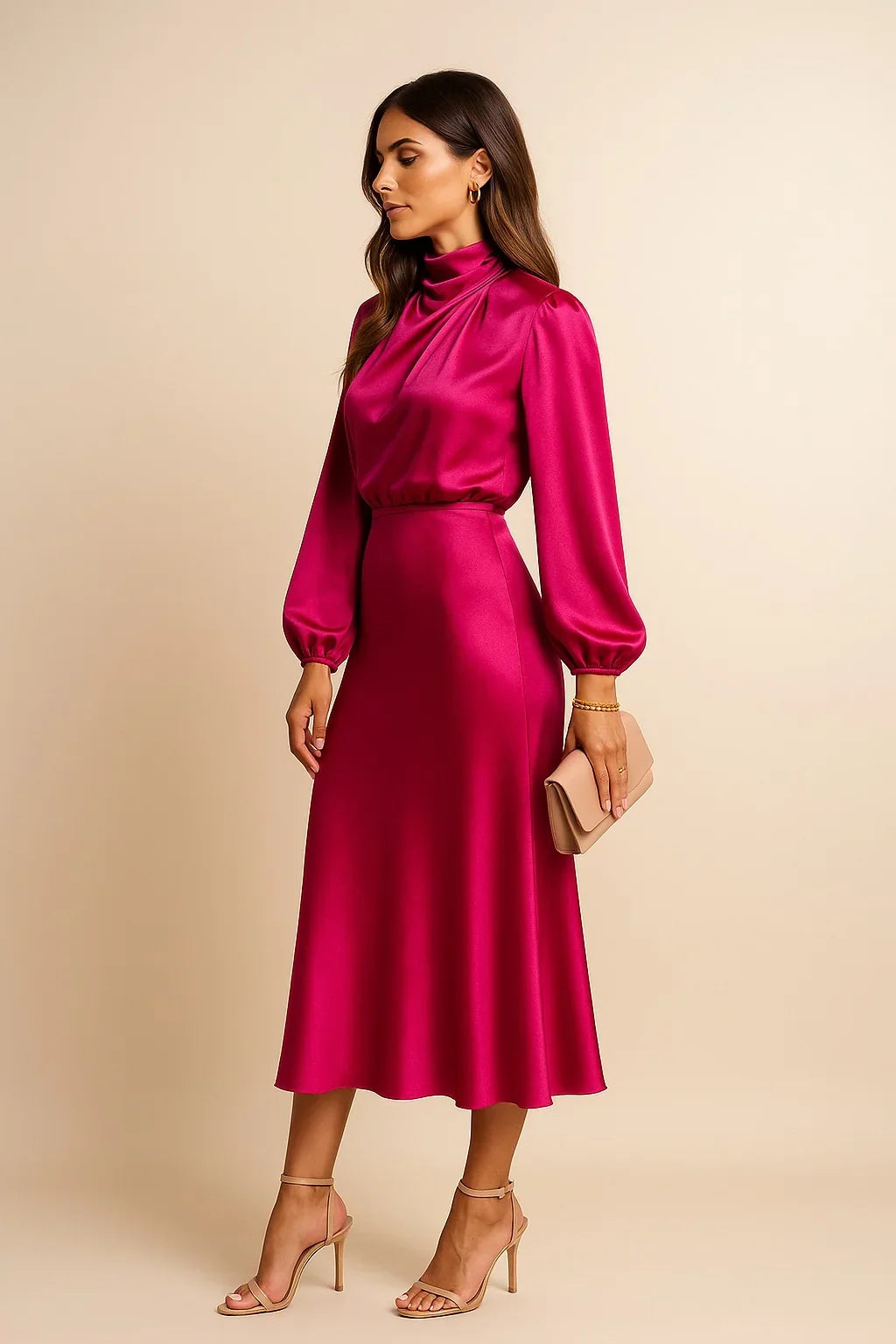 Satin High Neck Midi Dress – Long Balloon Sleeve Wedding Guest