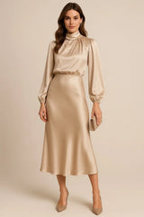 Satin High Neck Midi Dress – Long Balloon Sleeve Wedding Guest