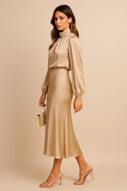 Satin High Neck Midi Dress – Long Balloon Sleeve Wedding Guest