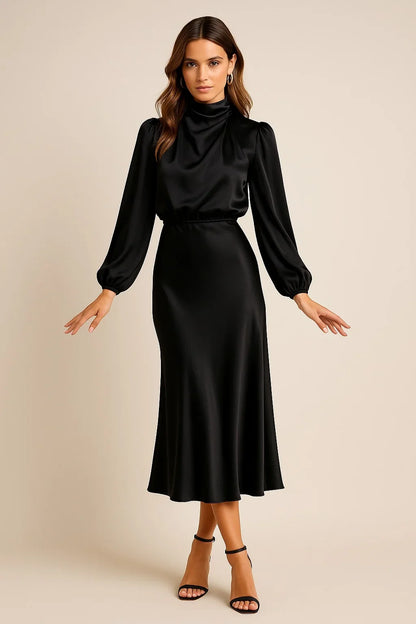Satin High Neck Midi Dress – Long Balloon Sleeve Wedding Guest