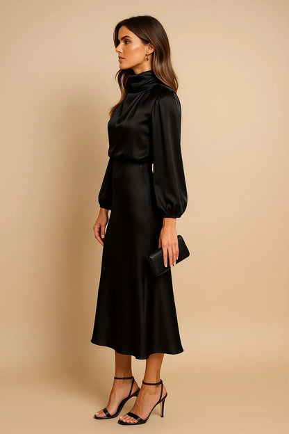 Satin High Neck Midi Dress – Long Balloon Sleeve Wedding Guest