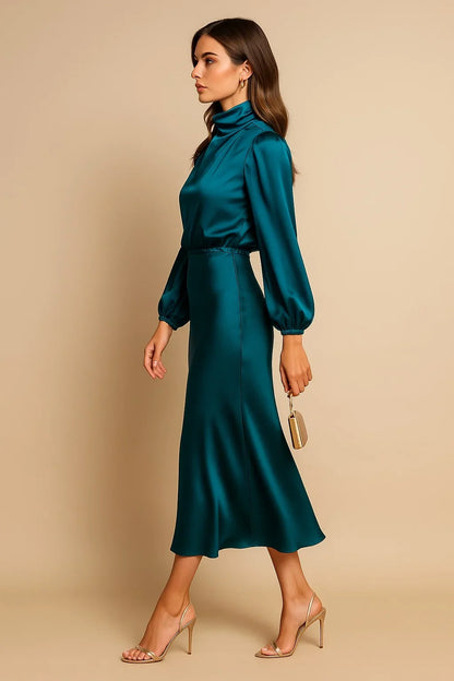 Satin High Neck Midi Dress – Long Balloon Sleeve Wedding Guest