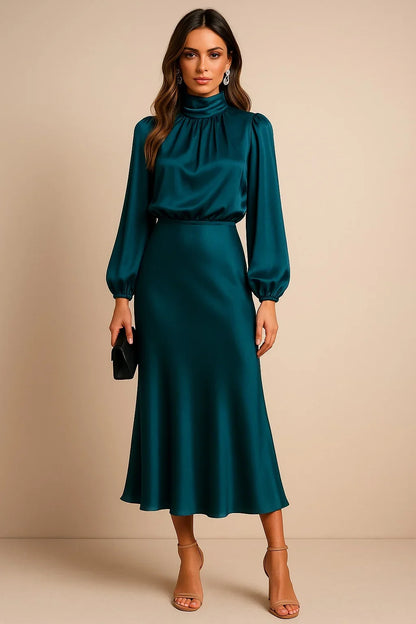 Satin High Neck Midi Dress – Long Balloon Sleeve Wedding Guest