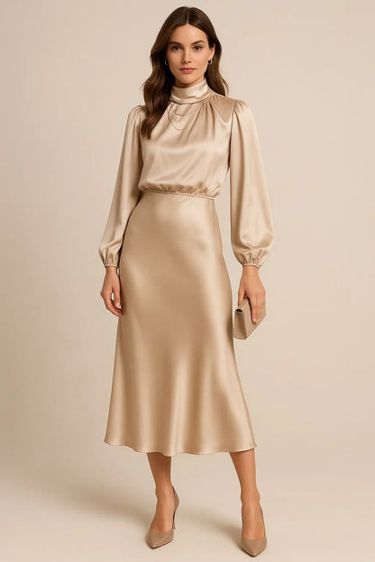 Satin High Neck Midi Dress – Long Balloon Sleeve Wedding Guest