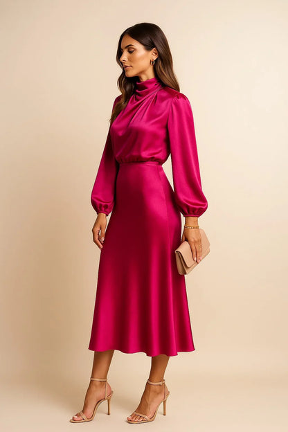 Satin High Neck Midi Dress – Long Balloon Sleeve Wedding Guest
