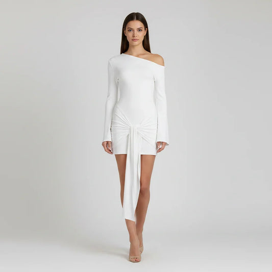 White One Shoulder Bodycon Mini Dress – Long Sleeve Knot Front